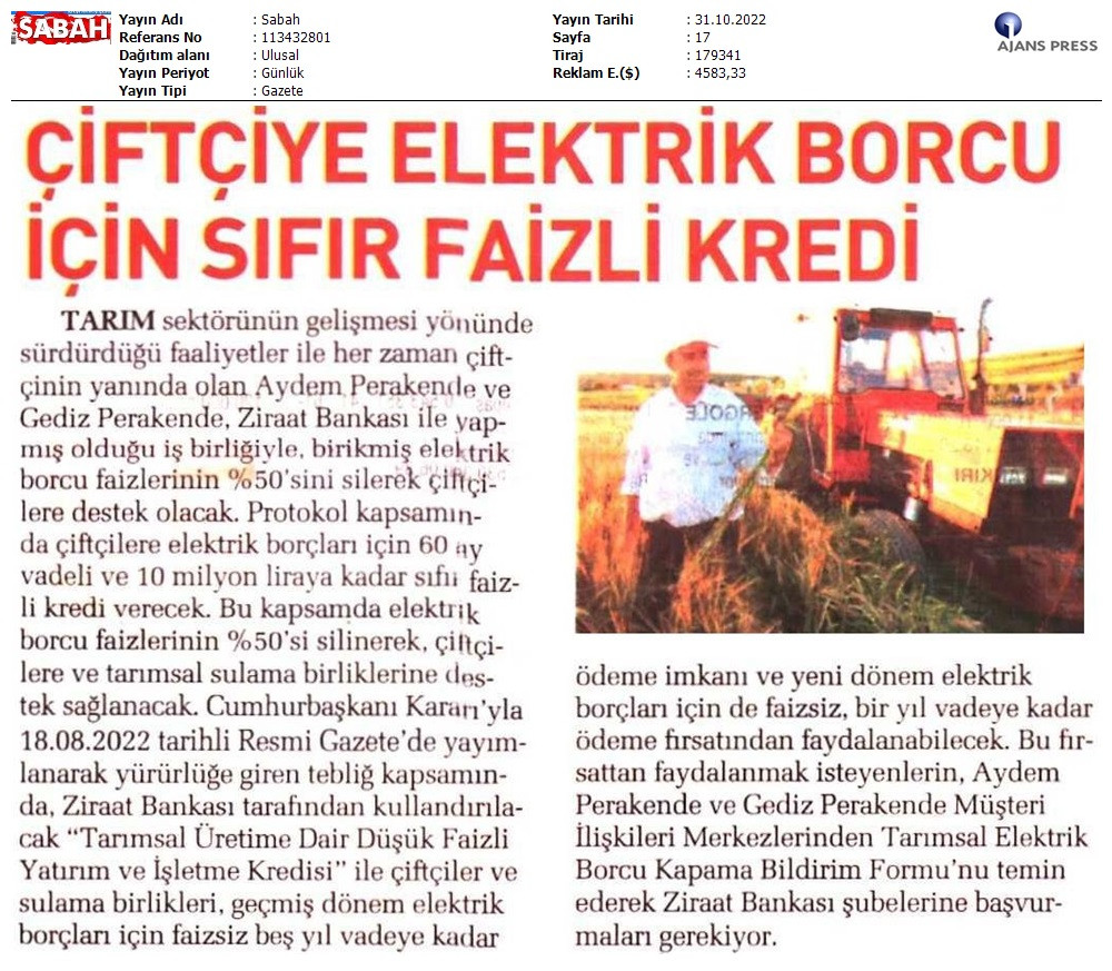  Çiftçiye, Sıfır Faizli Kredi İle Elektrik Borcu Faizlerinin %50’sini Silme İmkanı   